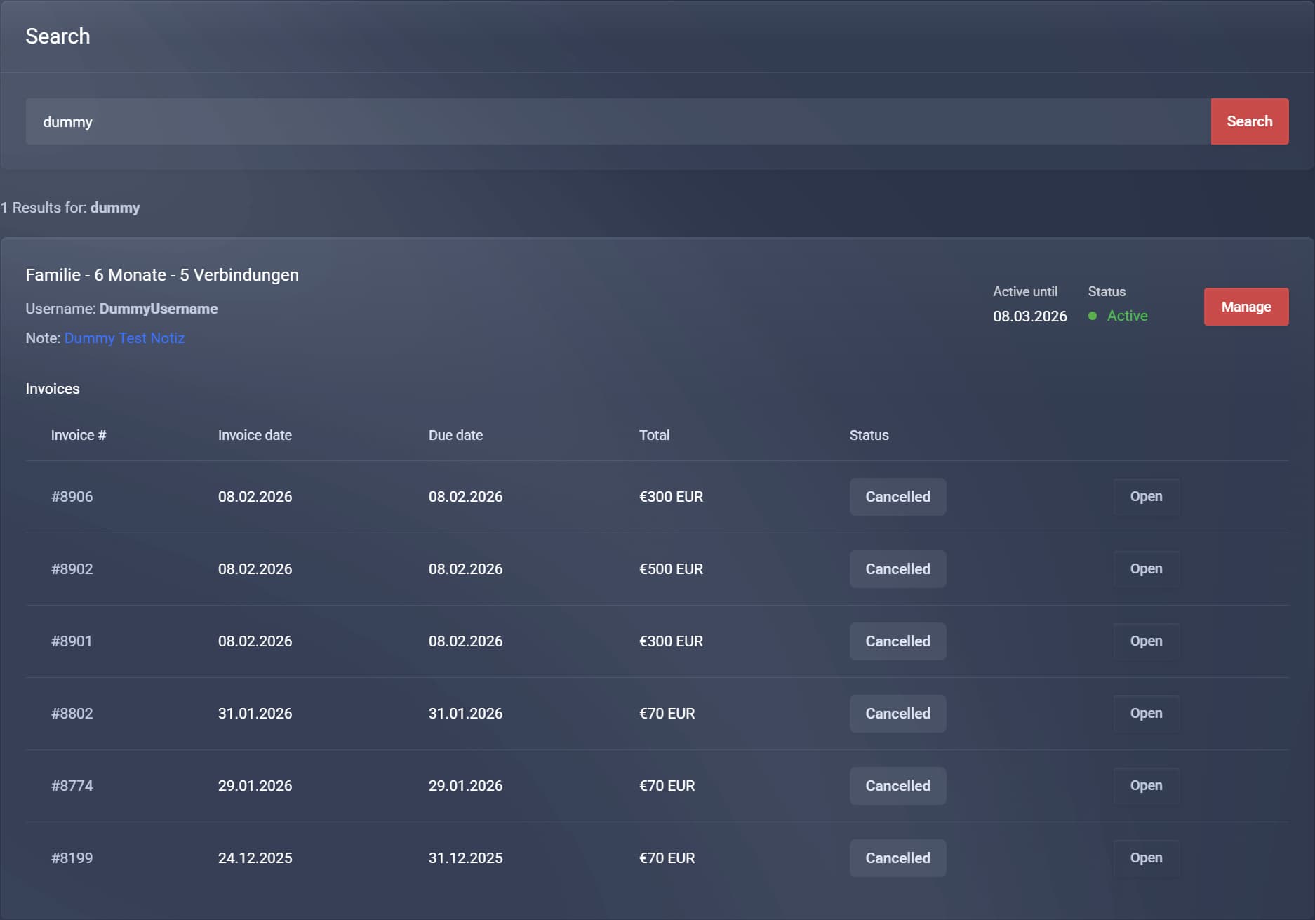 Search results by username, note or invoice number