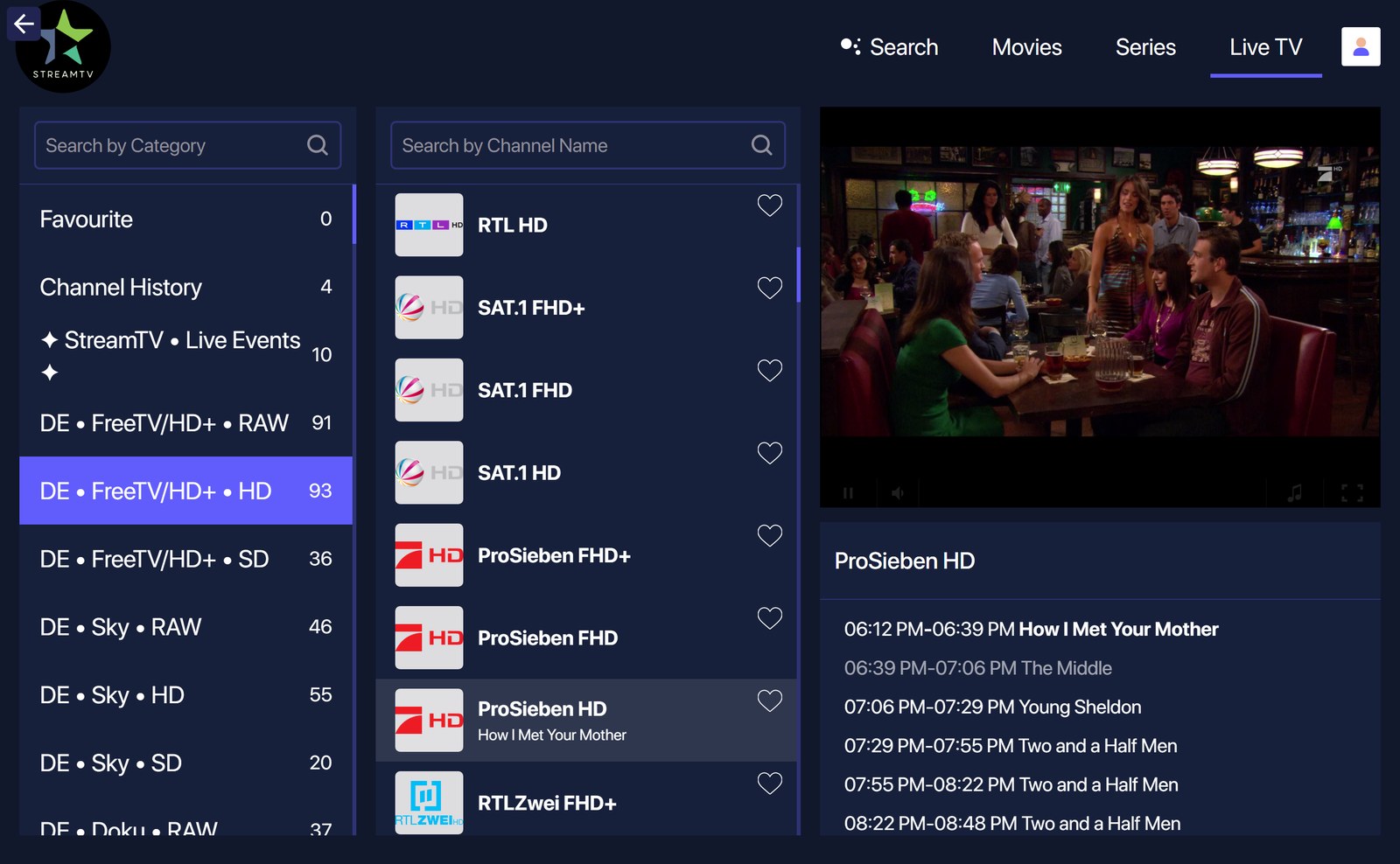 PC-Player: Live-TV-Übersicht mit Kategorien, Sendern und laufendem Sender