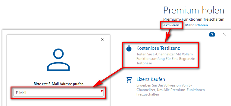 E-Channelizer: Aktivieren und Testlizenz anfordern