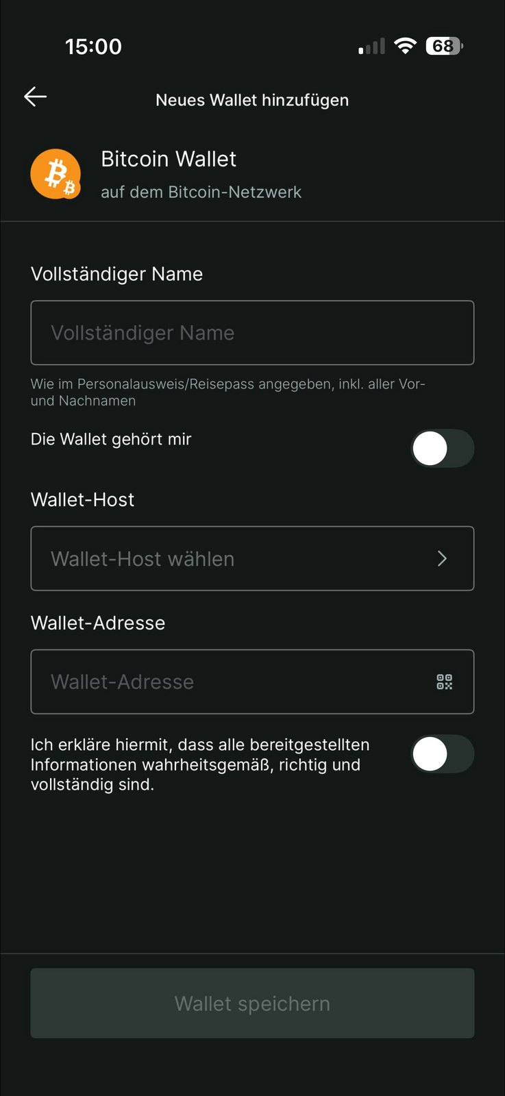Bitpanda: leeres Formular mit Name, „Die Wallet gehört mir“, Wallet-Host, Adresse