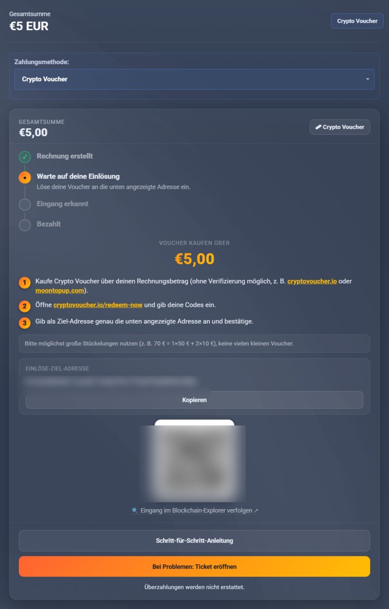 Rechnungsseite mit Bitcoin-Adresse, QR-Code und Betrag