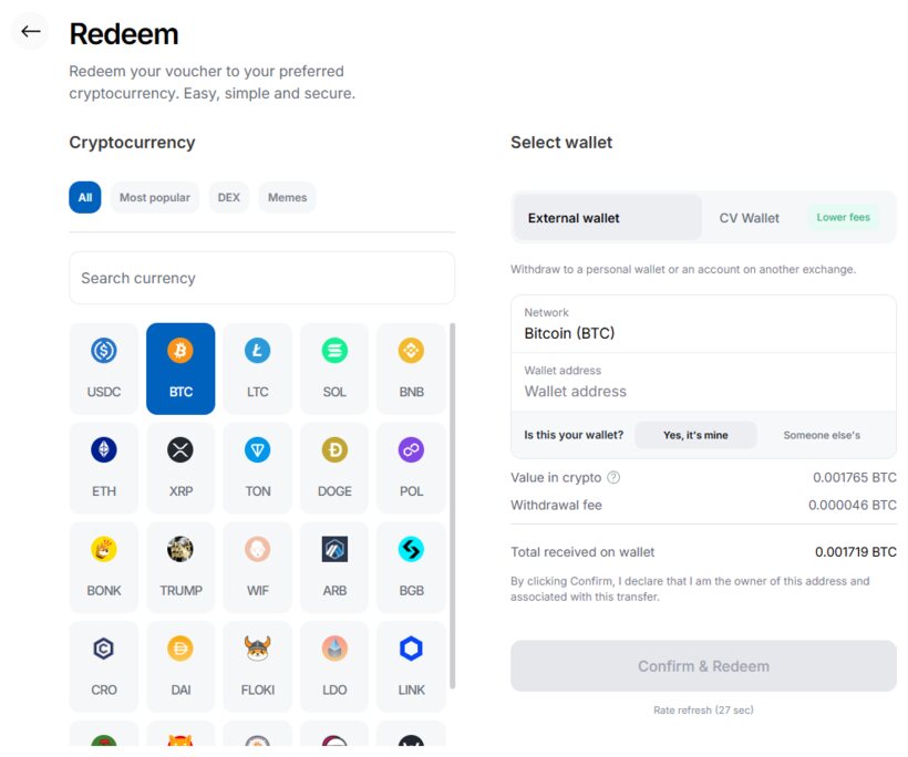 CryptoVoucher: BTC auswählen und Wallet-Adresse eintragen