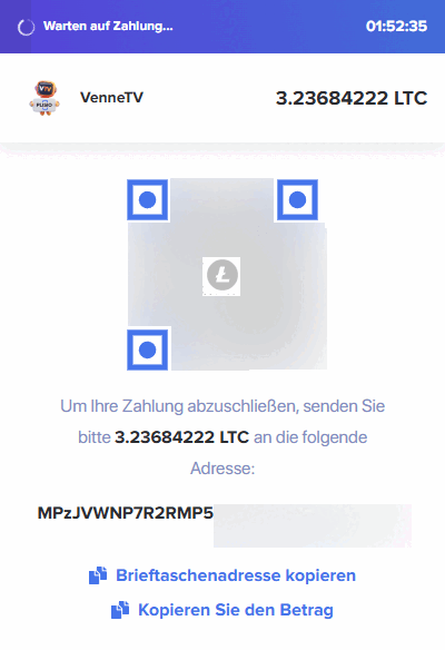 Payment details: amount, destination address and QR code