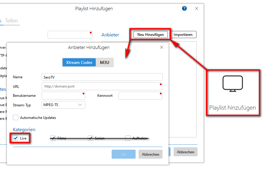 E-Channelizer: Playlist mit Zugangsdaten anlegen