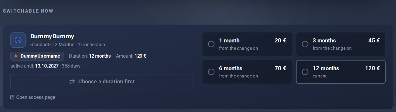 Page “Change duration”: group “Switchable now” with duration tiles