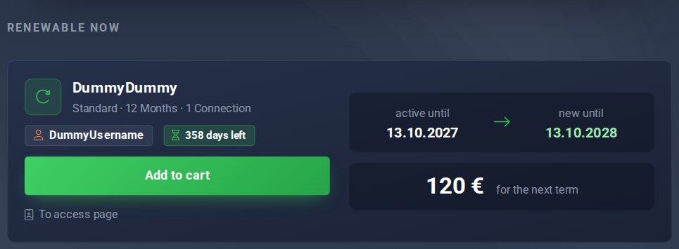Page “Renew accesses”: card with active until, new until, amount and button “Add to cart”