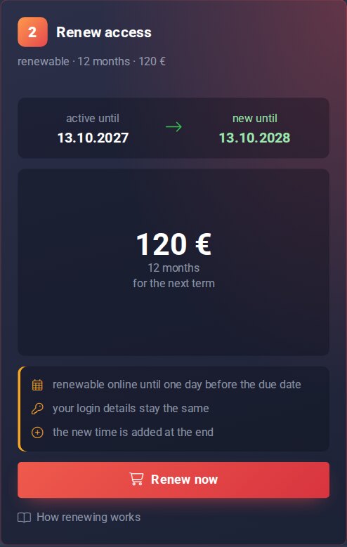 Manage, step 2: active until, new until, amount and button “Renew now”
