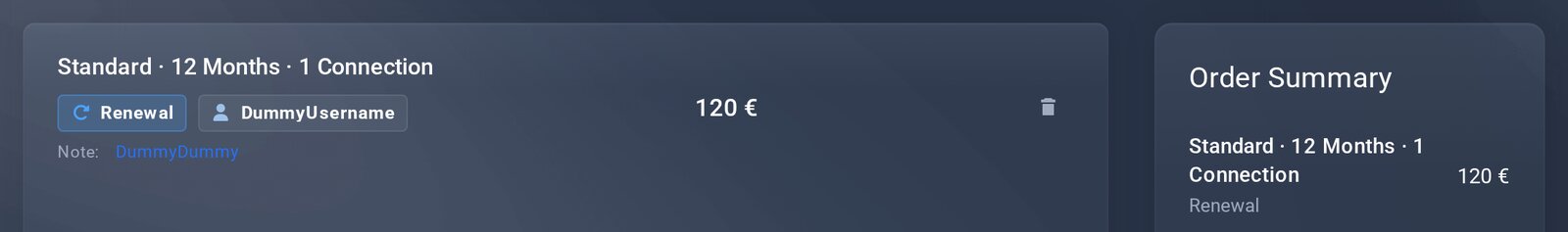 Checkout on a computer: item with “Renewal” and username, order summary on the right with “Renewal”