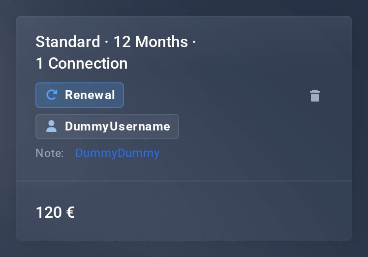 Checkout on a phone: item with “Renewal” and username