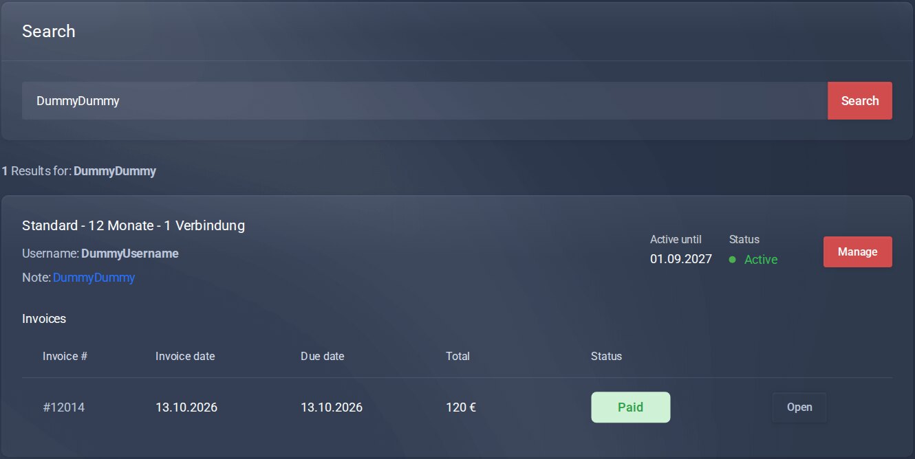 Search result with access and invoices