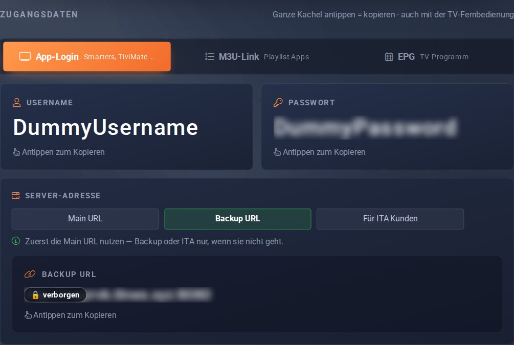 Zugangsdaten mit der Leiste Server-Adresse: Main URL, Backup URL, Für ITA Kunden – Backup URL gewählt