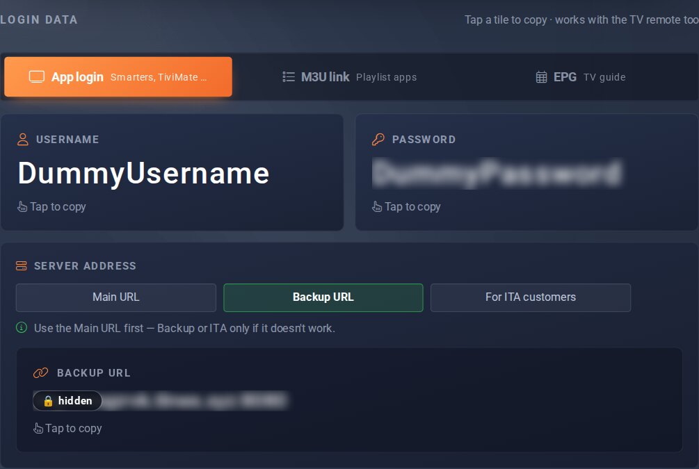 Login data with the Server address bar: Main URL, Backup URL, For ITA customers – Backup URL selected