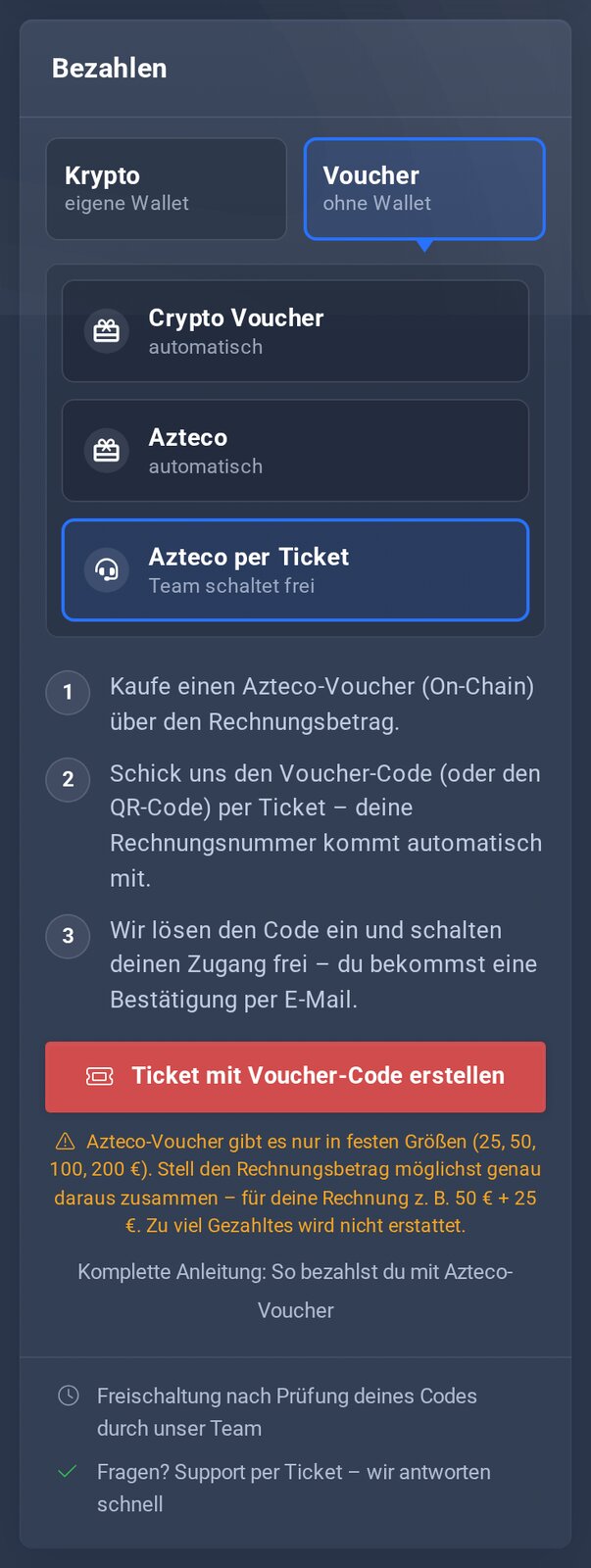 Rechnungsseite mit Voucher (ohne Wallet), Azteco per Ticket gewählt: Schritte und Knopf Ticket mit Voucher-Code erstellen