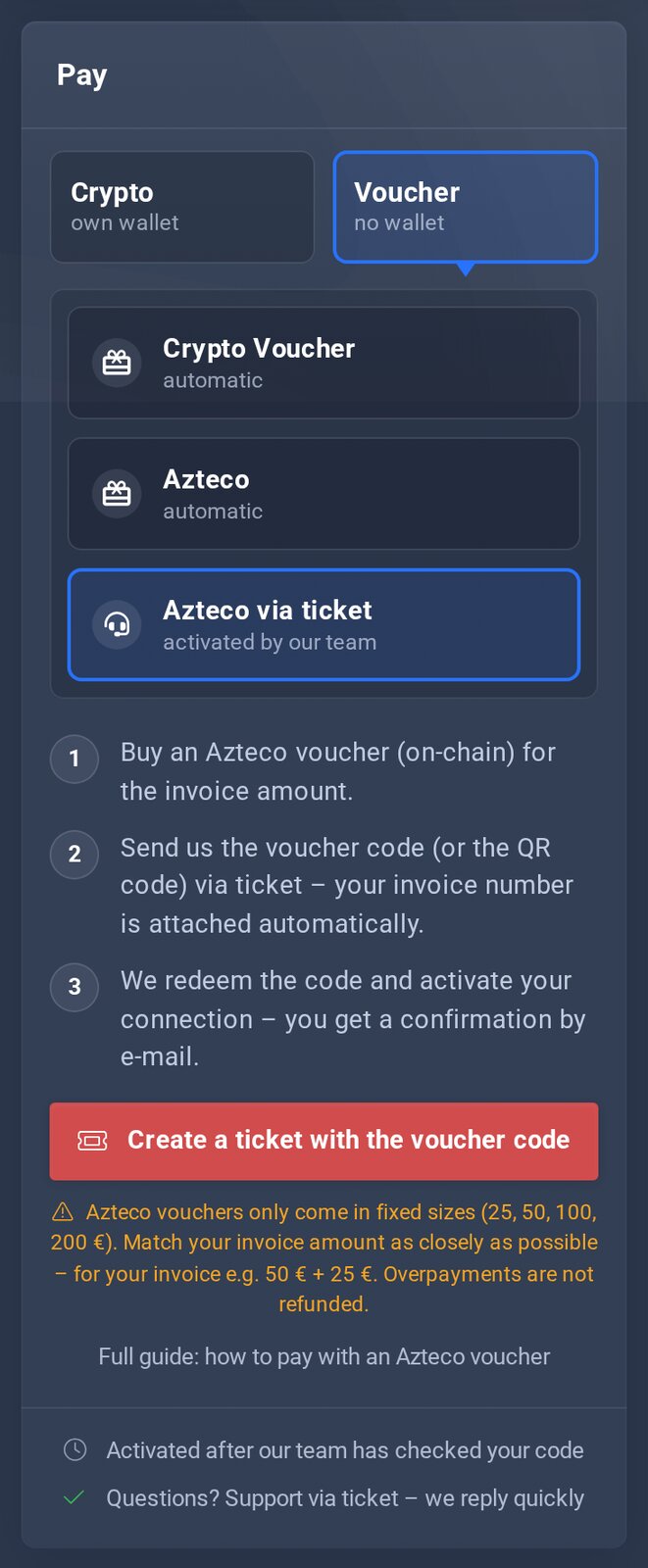 Invoice page with Voucher (no wallet), Azteco via ticket selected: steps and the button Create a ticket with the voucher code