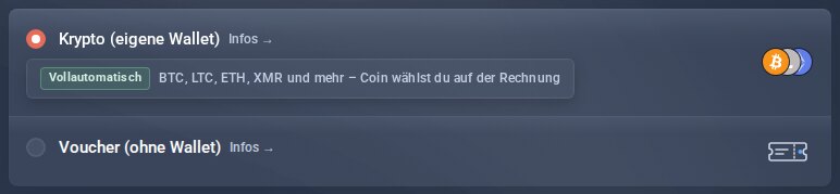 Kasse mit den Zahlungsarten Krypto (eigene Wallet) und Voucher (ohne Wallet)