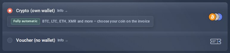 Checkout with the payment methods Crypto (own wallet) and Voucher (no wallet)