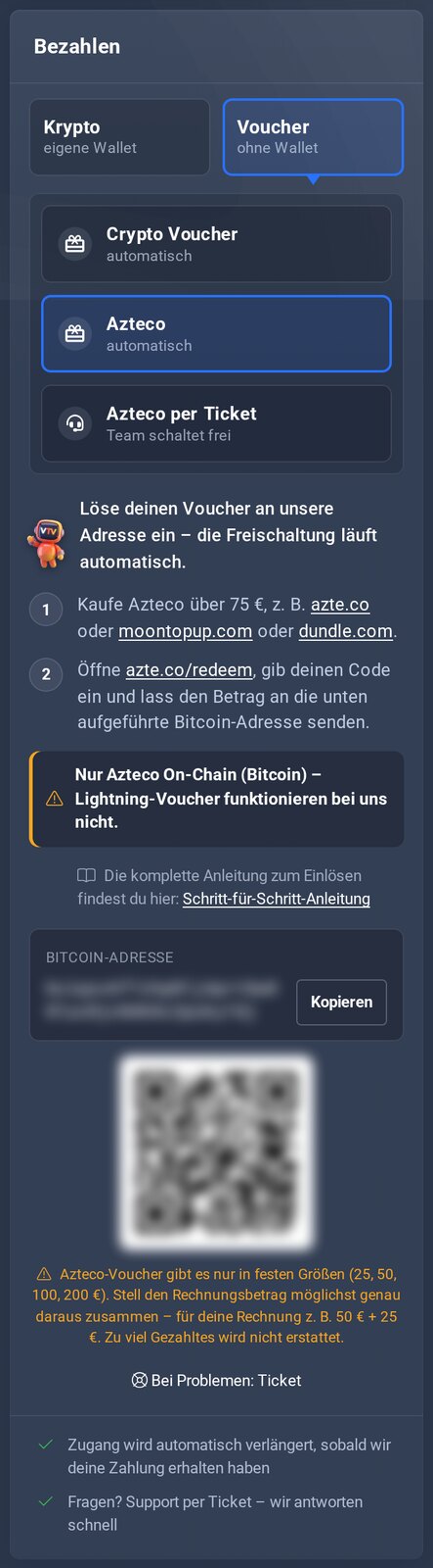 Rechnungsseite mit Voucher (ohne Wallet), Azteco automatisch gewählt: Schritte, Bitcoin-Adresse und passende Gutschein-Größen