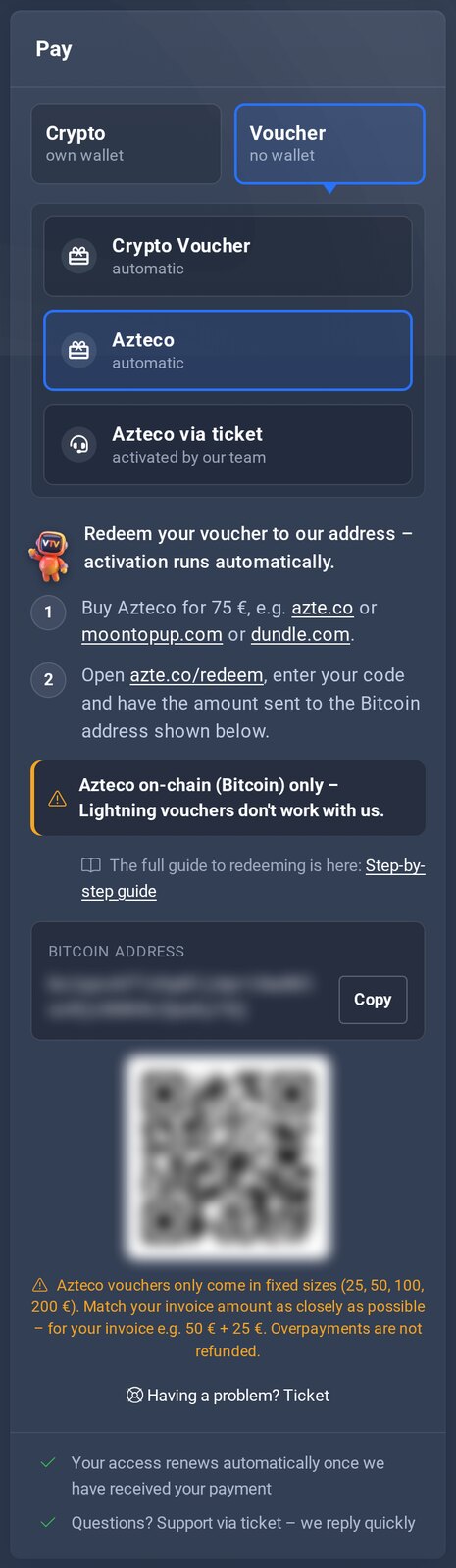 Invoice page with Voucher (no wallet), Azteco selected: steps, Bitcoin address and suitable voucher sizes