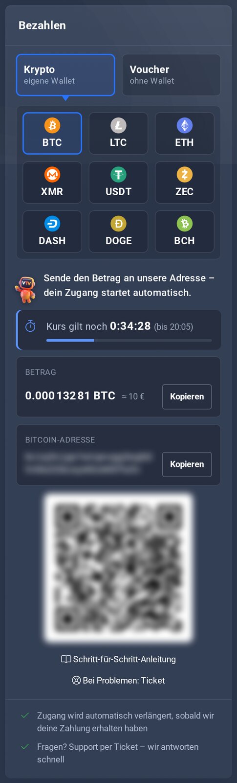 Rechnungsseite mit BTC: Betrag, Adresse und QR-Code mit Kopieren-Knöpfen