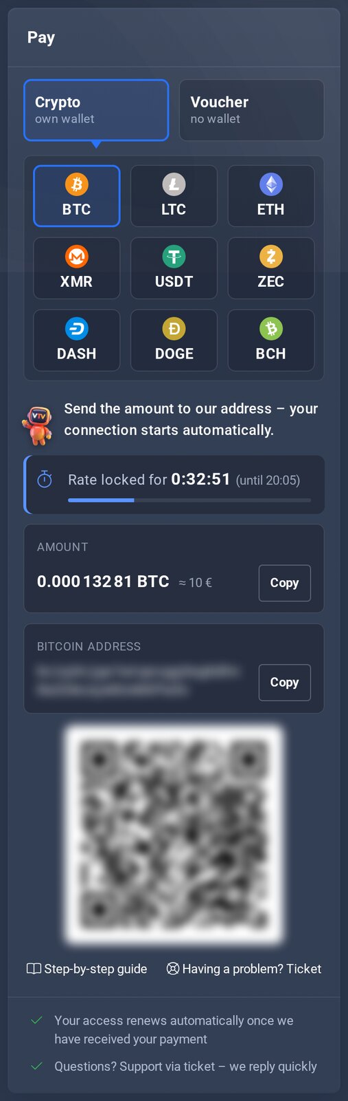 Invoice page with BTC: amount, address and QR code with copy buttons