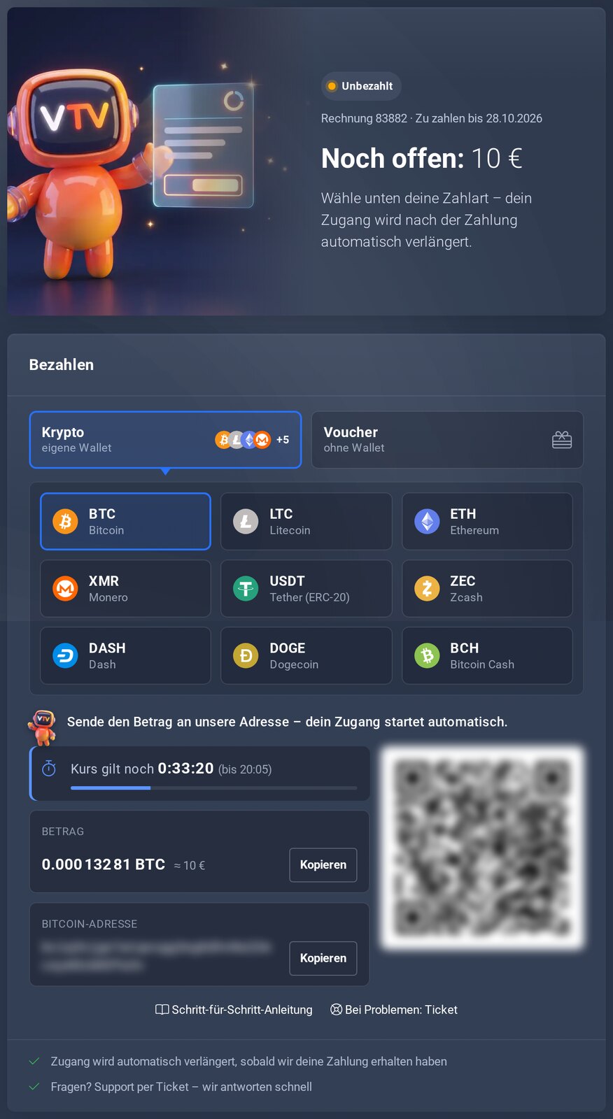 Rechnungsseite mit Weg Krypto (eigene Wallet), BTC gewählt, Betrag, Adresse und QR-Code