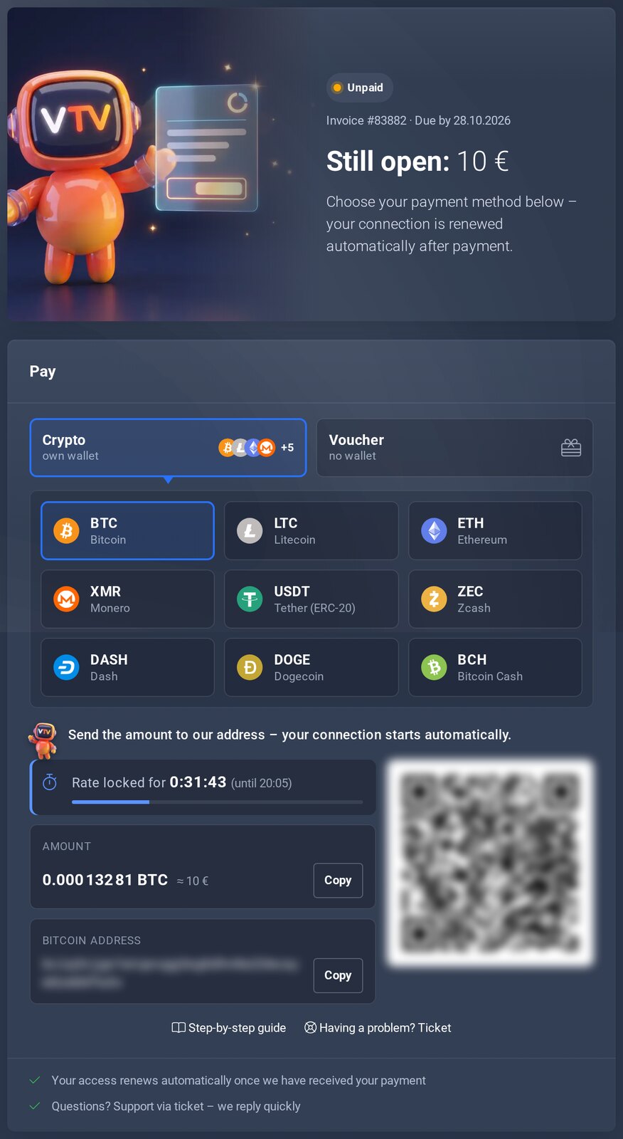 Invoice page with Crypto (own wallet), BTC selected, amount, address and QR code